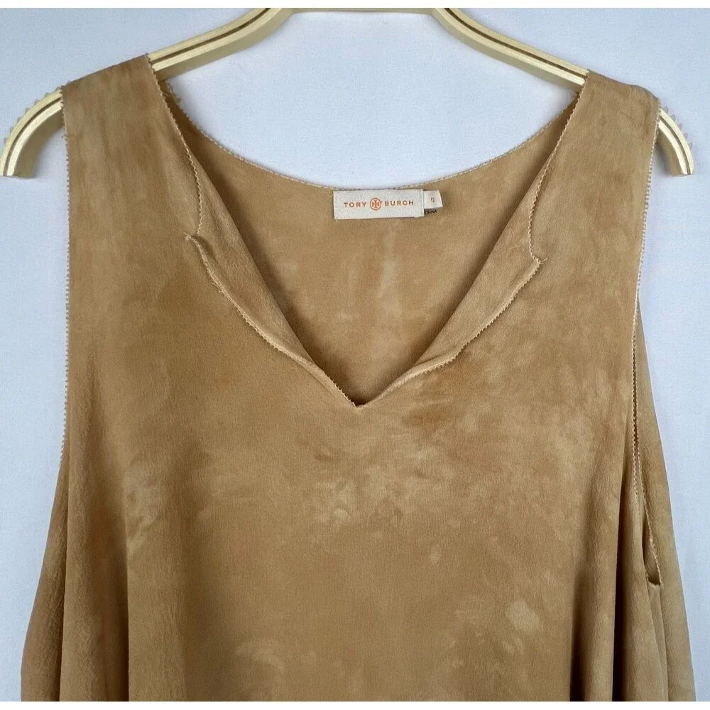TORY BURCH 100% Silk Sleeveless Blouse Top Size 12 Tan Layered Flowy V-Neck